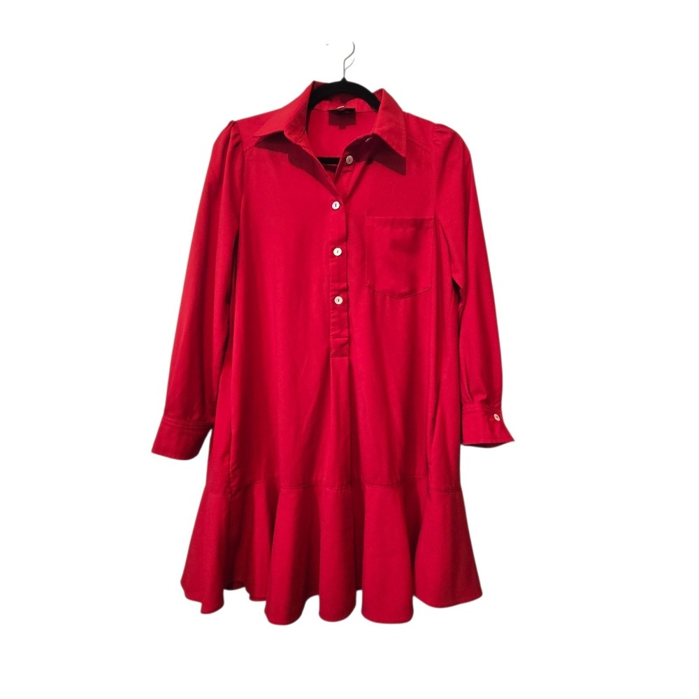 Tuckernuck Callahan Shirt Dress Women's SM Red Ruffle Pockets Classic Button Up